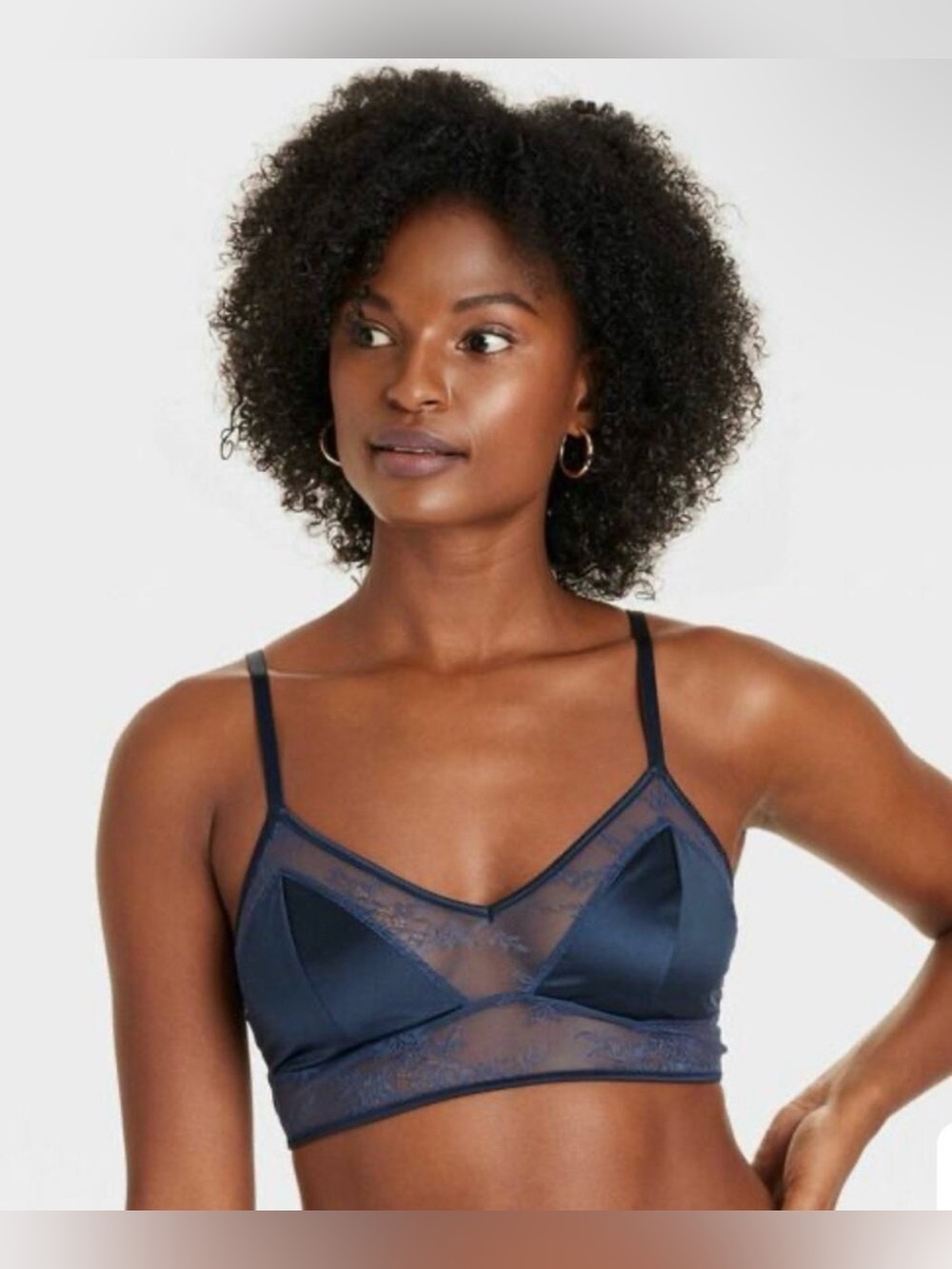 Auden Satin & Lace Unlined Bralette Navy Blue NWT